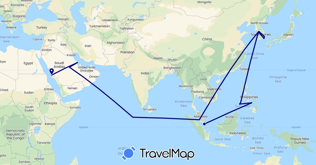 TravelMap itinerary: driving in South Korea, Maldives, Malaysia, Philippines, Saudi Arabia, Singapore (Asia)